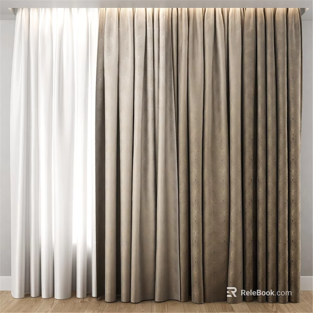 Elegant White and Beige Pleated Curtains with Light Filtering for Room Interior 3d model 