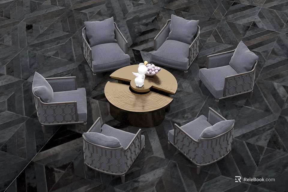 Modern Gray Upholstered Sofa and Round Coffee Table Set with Floral Decor 3d model 