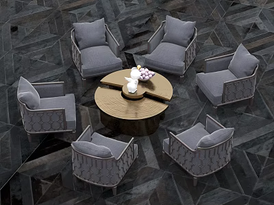 Modern Gray Upholstered Sofa and Round Coffee Table Set with Floral Decor 3d model