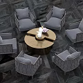 Modern Gray Upholstered Sofa and Round Coffee Table Set with Floral Decor 3d model