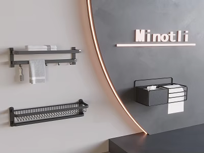 Modern Black Wall Mounted Shelf Design With Towel And Toiletries Storage 3d model
