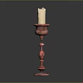 Ornate Red Candlestick Holder With White Candle And Detailed Carvings