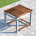 Outdoor Pergola With Wooden Roof White Columns And Benches In Paved Square