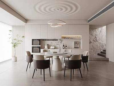 Cream style restaurant round dining table and chair chandelier oven green plant direct drinking machine mobile socket 3d model