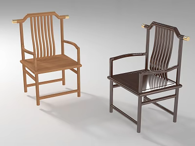 Chinese Wooden Single Chairs with Armrests Vertical Slat Back Gold Accents and Light Dark Wood 3d model