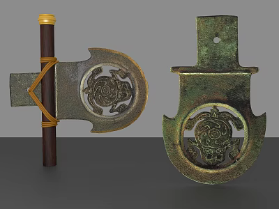 Antique Bronze Decorative Ornament Set With Wooden Handle Yellow String Circular Pattern And Turtle Design 3d model