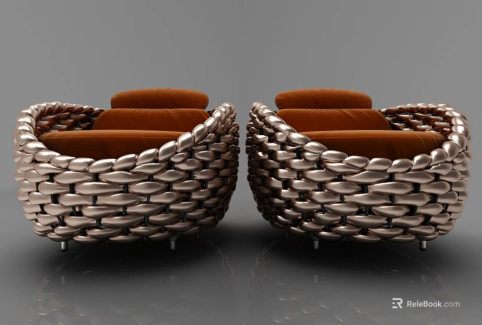 Modern Accent Chair With Woven Metal Frame And Orange Cushion Design 3d model 