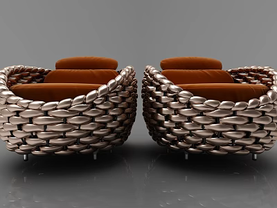 Modern Accent Chair With Woven Metal Frame And Orange Cushion Design 3d model