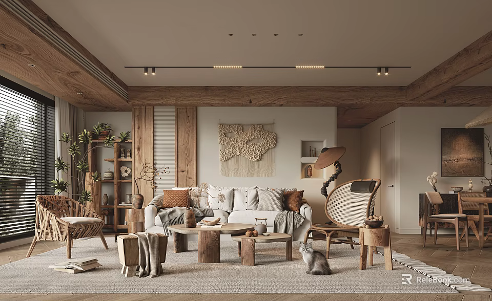 Cozy Living Room Interior With Wooden Beams Sofa Carpet And Woven Wall Art 3d model 