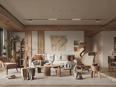 Cozy Living Room Interior With Wooden Beams Sofa Carpet And Woven Wall Art 3d model