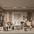 Cozy Living Room Interior With Wooden Beams Sofa Carpet And Woven Wall Art