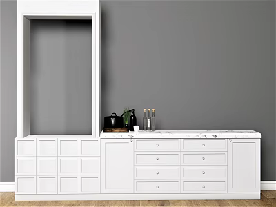 White Sideboard Cabinet With Drawers Kitchen Accessories On Gray Wall And Wooden Floor 3d model