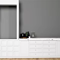 White Sideboard Cabinet With Drawers Kitchen Accessories On Gray Wall And Wooden Floor