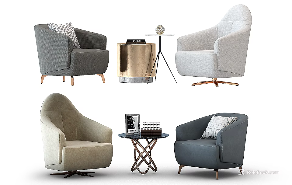 Modern Casual Sofa Set With Various Colored Armchairs And Side Tables 3d model