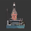 Waterfront Floating Building Featuring Triangular Roof Attic Platform Staircase Boat And Utility Pole Wires 3d model