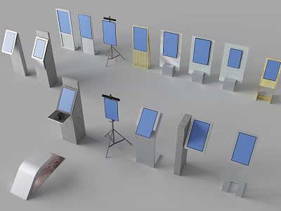 Various Designed Display Stand Furniture With Blue Screens And Unique Structures 3d model