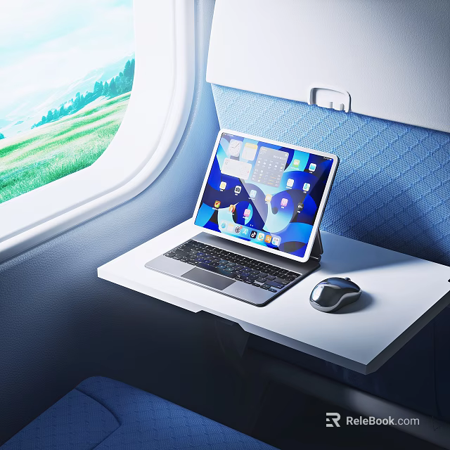 Travel Laptop On Airplane Window Table With Mouse And Blue Seat 3d model 