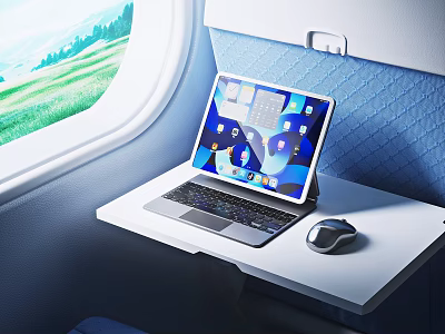 Travel Laptop On Airplane Window Table With Mouse And Blue Seat 3d model