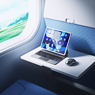 Travel Laptop On Airplane Window Table With Mouse And Blue Seat 3d model