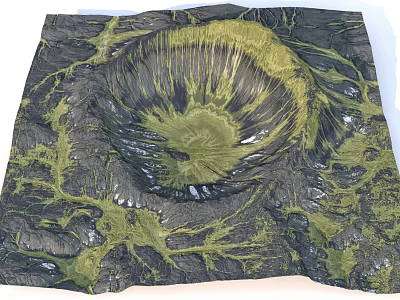 Detailed Volcanic Crater Featuring Green Black Terrain And Lava Flow Patterns 3d model