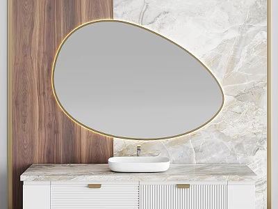 Modern Bathroom Vanity With Oval Gold Frame Mirror Marble Backsplash Wooden Panel And White Cabinet 3d model