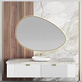 Modern Bathroom Vanity With Oval Gold Frame Mirror Marble Backsplash Wooden Panel And White Cabinet
