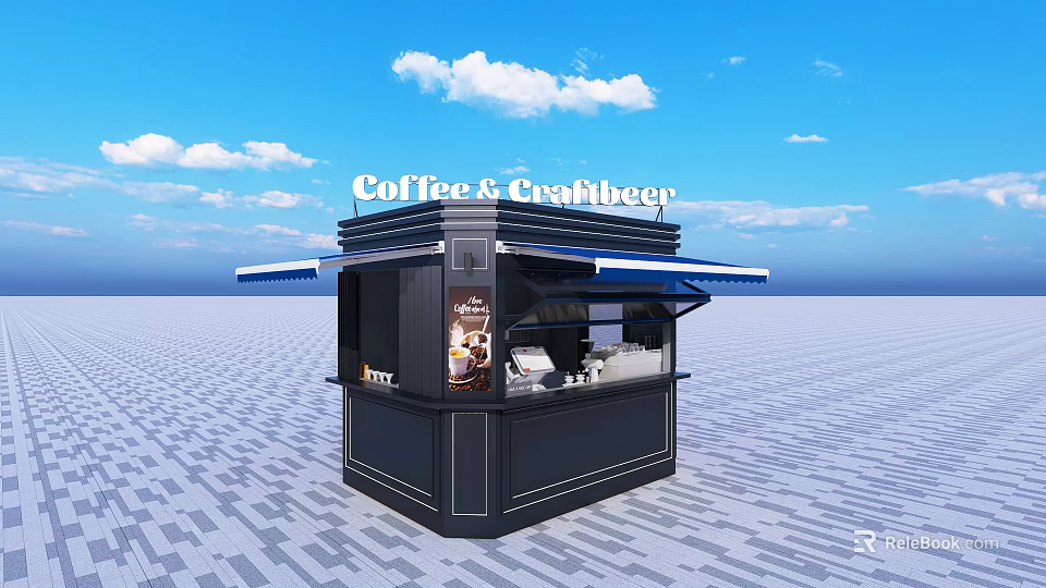 Coffee And Craft Beer Stand With Blue Awning And Beverage 3d model 