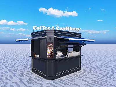 Coffee And Craft Beer Stand With Blue Awning And Beverage 3d model