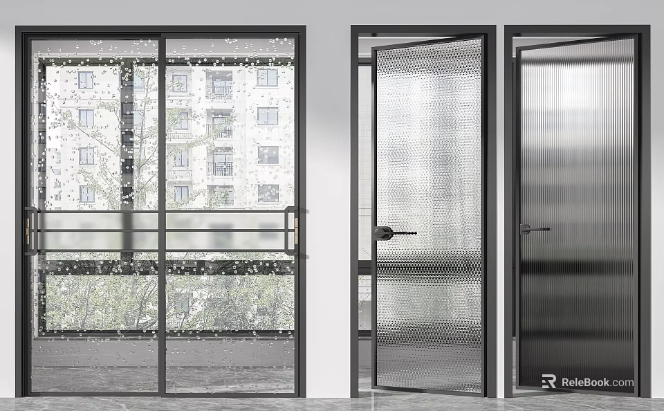 Modern Glass Hinged Doors With Black Frame Mesh And Ribbed Panel Design 3d model