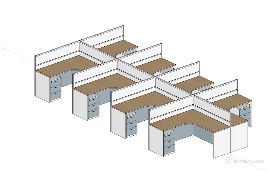Modern Office Cubicle Workstations With Wooden Top Desks White Frames And Drawers 3d model 