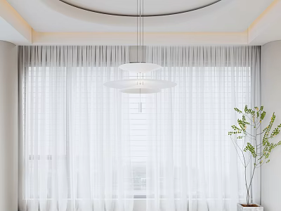 White Light Filtering Curtains With Blinds In Modern Interior With Pendant Light And Green Plant 3d model