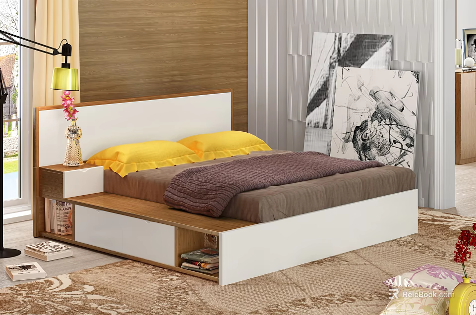 Double Bed With White Wooden Headboard Yellow Pillows Purple Quilt Storage Drawers And Abstract Painting 3d model 