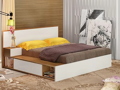 Double Bed With White Wooden Headboard Yellow Pillows Purple Quilt Storage Drawers And Abstract Painting 3d model
