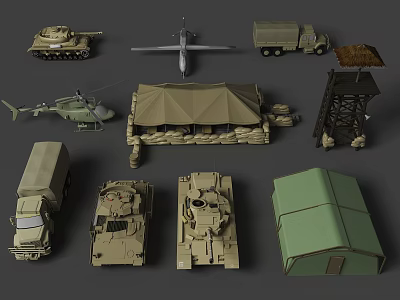 Military Vehicles Collection With Tanks Trucks Helicopter Tent And Watchtower 3d model