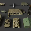 Military Vehicles Collection With Tanks Trucks Helicopter Tent And Watchtower