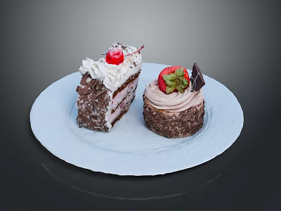 Delicious Household Dessert Cakes With Cream Cherry And Strawberry Toppings On White Plate 3d model