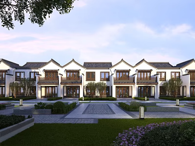 Traditional Terraced Townhouses With White Exteriors Balconies And Landscaped Gardens 3d model