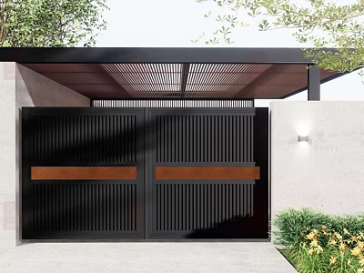 Building Exterior Wall With Black Louvered Gate Wooden Strips Black Canopy Greenery And Yellow Flowers 3d model