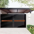 Building Exterior Wall With Black Louvered Gate Wooden Strips Black Canopy Greenery And Yellow Flowers