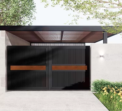 Building Exterior Wall With Black Louvered Gate Wooden Strips Black Canopy Greenery And Yellow Flowers 3d model