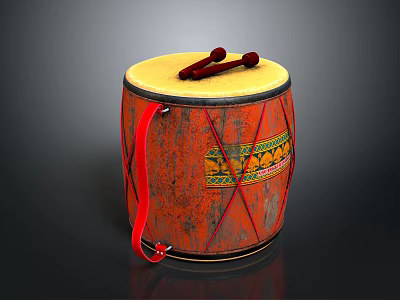 Traditional Red Drum Featuring Yellow Drumhead Red Drumsticks And Orange Decorative Pattern 3d model