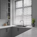 White Window Blinds in Modern Kitchen with Gray Cabinets Sink and Green Plant