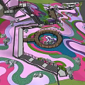 Park Landscape Design Featuring Winding Paths Colorful Green And Pink Areas Walkways And Surrounding Buildings