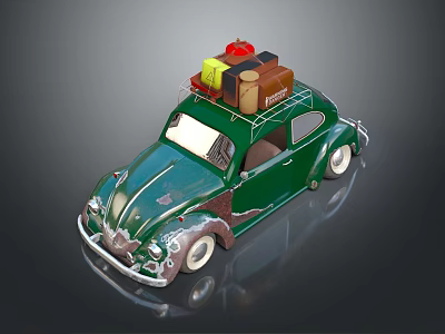 Green Vintage Beetle Electric Toy Car with Colorful Luggage on Roof 3d model