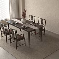 Traditional Dining Table And Chairs Set With Flower Vase Tableware Window Blinds And Rug 3d model