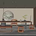 Modern Chinese Style Tea Room With Wooden Table Stools Round Decorative Painting And Bookshelves