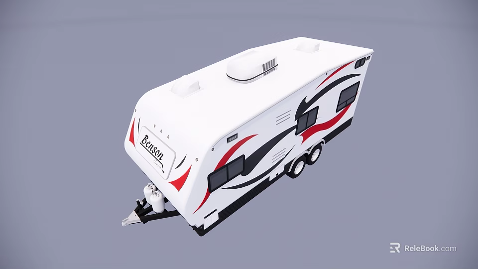 White Towable Caravan With Red Black Accents Explorer Logo Windows And Roof Equipment 3d model 