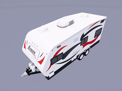 White Towable Caravan With Red Black Accents Explorer Logo Windows And Roof Equipment 3d model