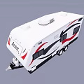 White Towable Caravan With Red Black Accents Explorer Logo Windows And Roof Equipment