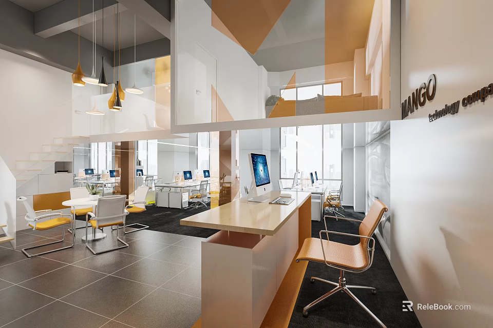 Modern Public Workspace With Open Layout Workstations Ergonomic Chairs And Hanging Lights 3d model